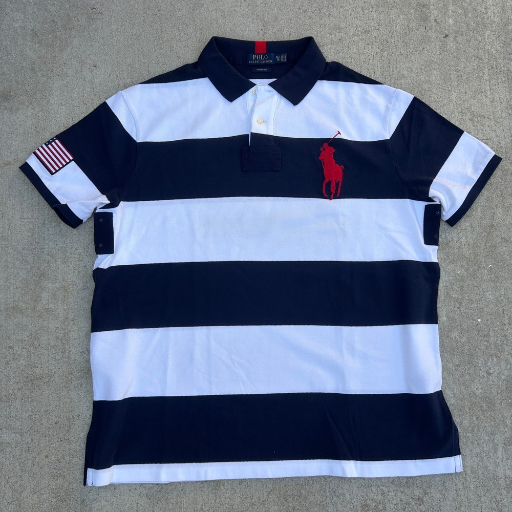 Polo Ralph Lauren Big Pony Polo Shirt XL Navy White Striped American Flag Patch